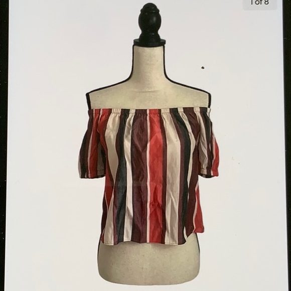 EXPRESS Multicolor Off the Shoulder Striped Crop Top, Short Sleeve Tie Back NWT - Picture 4 of 6